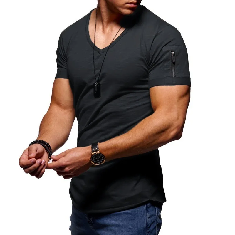 

Hot Seller Custom Plain Short Sleeve Plus Size Polyester Fitness V Neck T Shirts Men, 14colors in stock