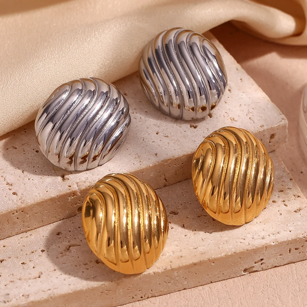 

Chunky Engraved Water Wave Stud Earrings Oval Stainless Steel Statement Jewelry Gold Plated Earrings