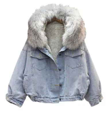 

JACKETOWN velvet thick denim jacket women big fur collar lamb coat short coat