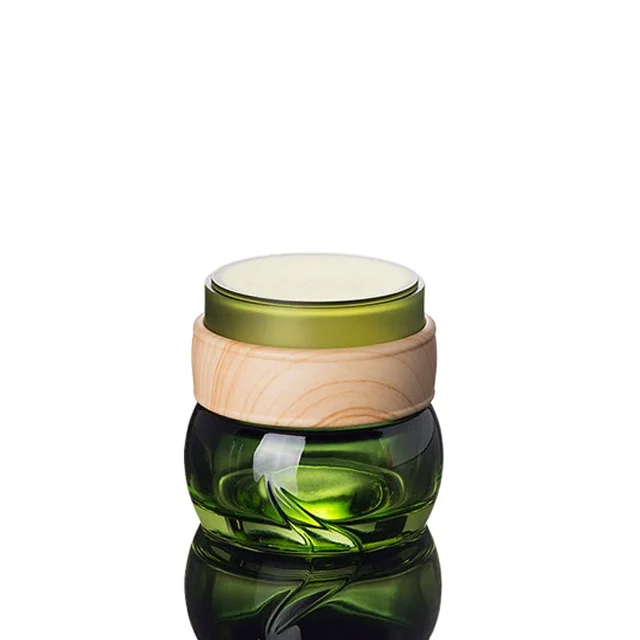 

Green glass container jars bamboo printing lids 50g cosmetic package