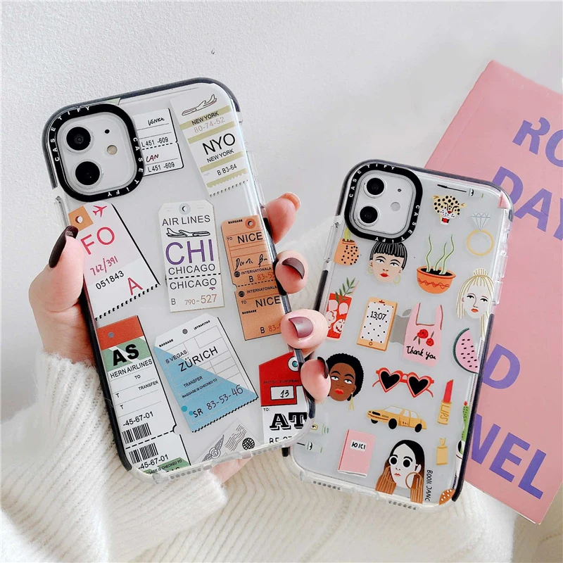 

Cartoon Flight Ticket Girl Soft Phone Case for iPhone 12 mini 11 Pro Max XR XS Max X 6s 7 8 Plus SE Thick Border Soft Back Cover