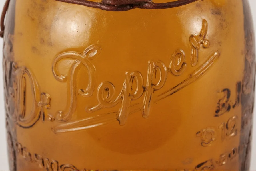 Close-up photograph of authentic early 1900s Hutchinson-style Dr Pepper bottle with wire closure, showing embossed lettering and characteristic glass texture