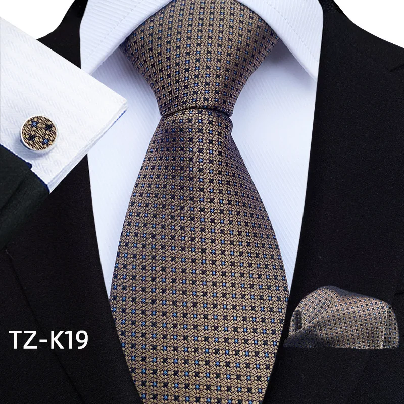 

Fashion Men Business Brown Blue Yellow Tie Set Tie And Cufflink Gift Set Silk Necktie With Handkerchief For Men Wedding