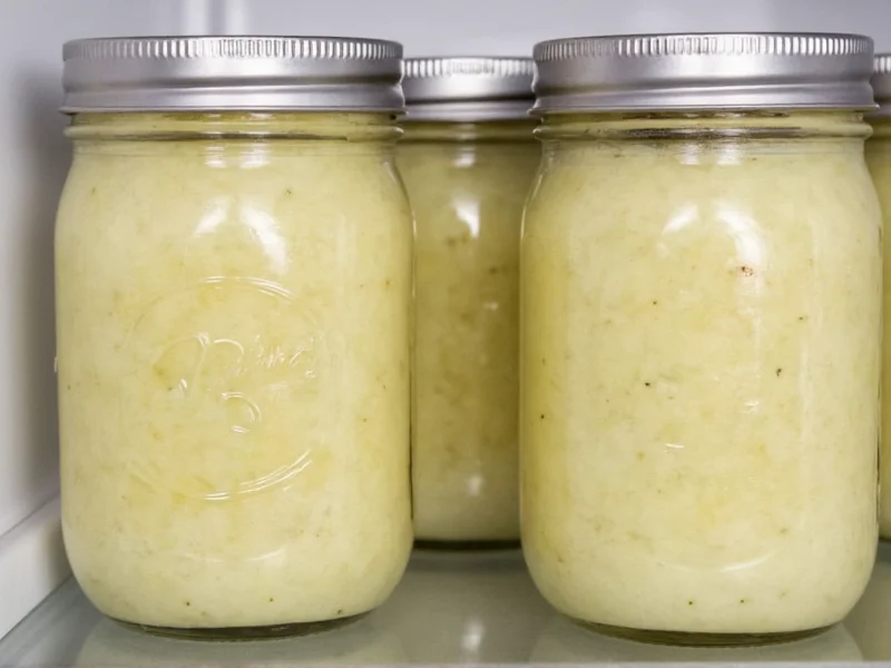 Glass jars with homemade horseradish stored in refrigerator