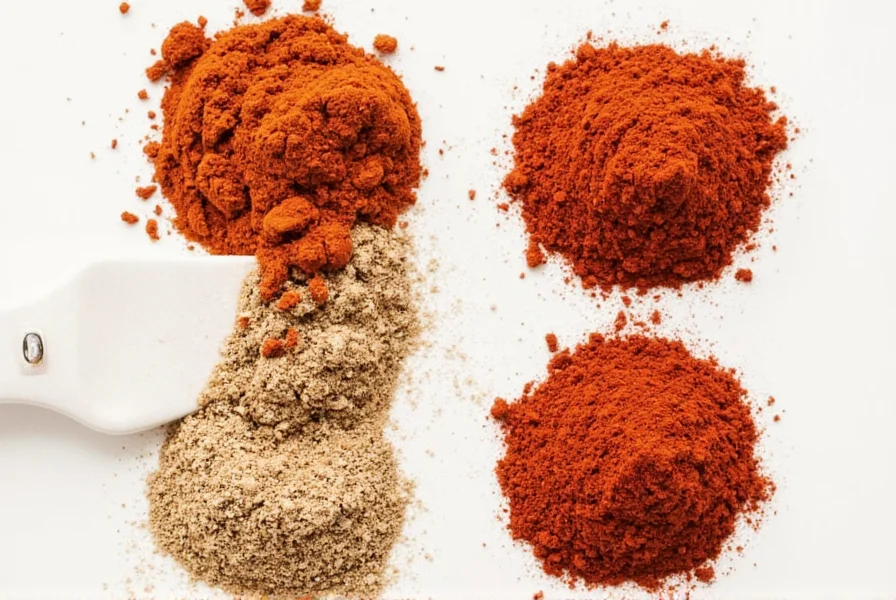 Close-up of paprika, cumin, and garlic powder measured in spoons for chili powder substitute