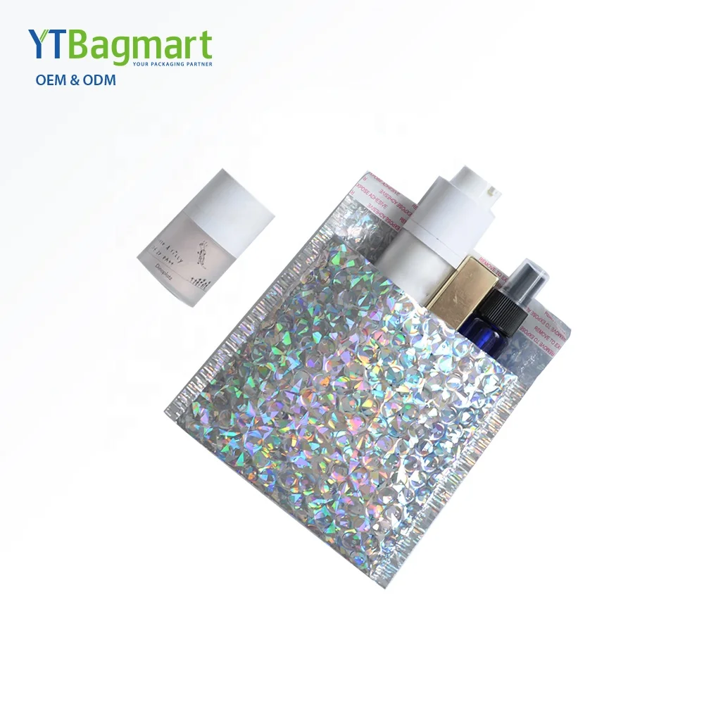 
Custom Logo Printing Small Holographic Shipping Mailing Bags Decorative Rainbow Metallic Foil Holographic Bubble Mailers 