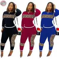 

9100701 best design long sleeve round neck Leopard splice women two piece outfits pant sets