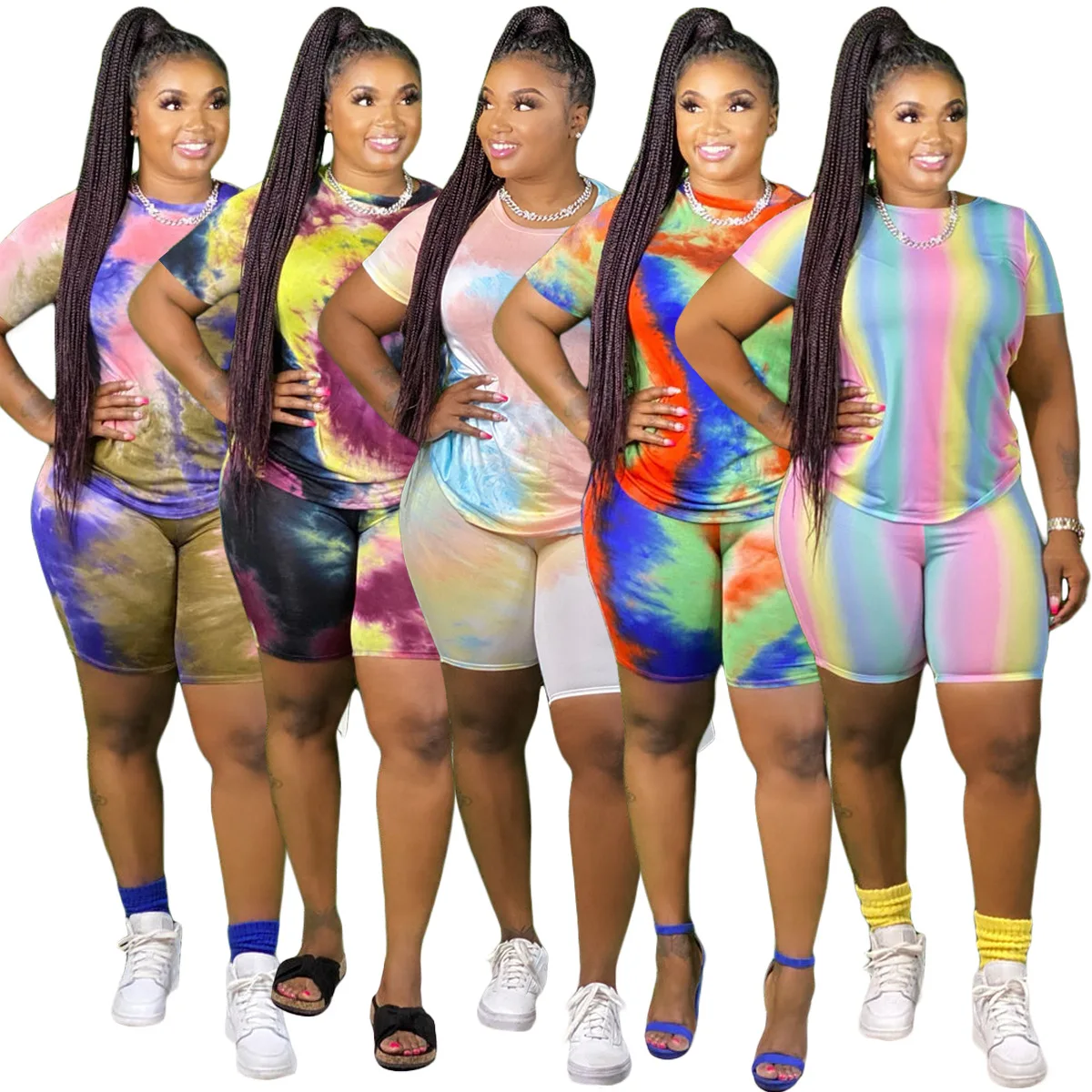 

5XL 2021 Summer Clothing Tie Dye Casual 2 Piece Outfits Womens Plus Size Sets, Picture color