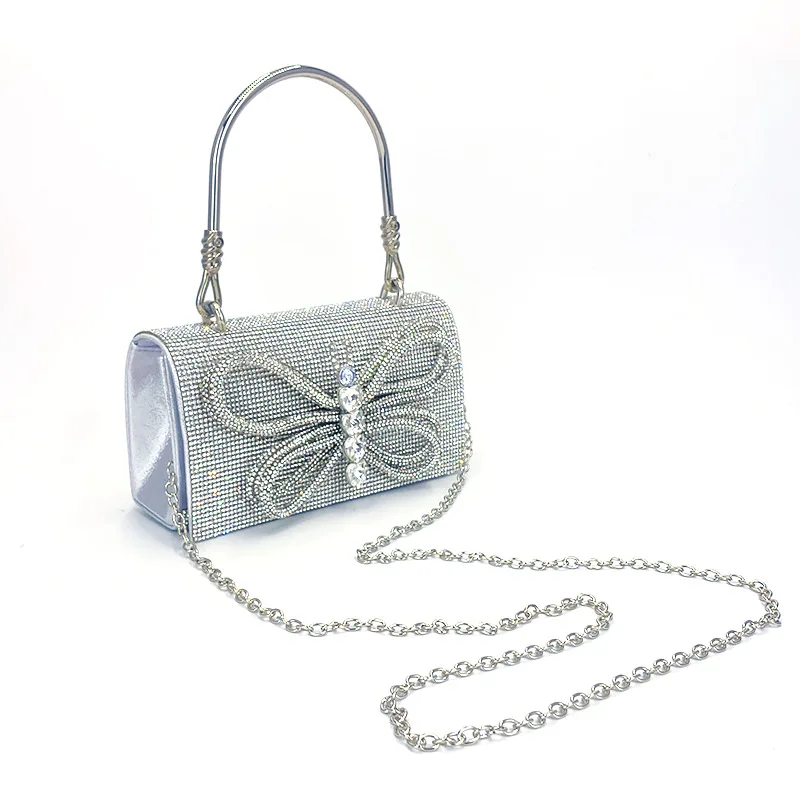 

New gold dinner clutch dress bag butterfly shiny diamond colored small square sliver chain hand bag