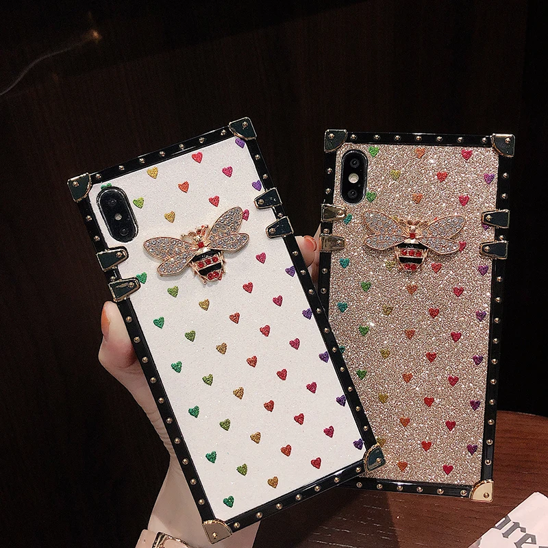 

Luxury Shiny Heart Honeybee Phone Case for Samsung Galaxy Note 20 Ultra S20 S10 Plus iPhone 11 Pro Max Shockproof Square Cover, Same as showed picture