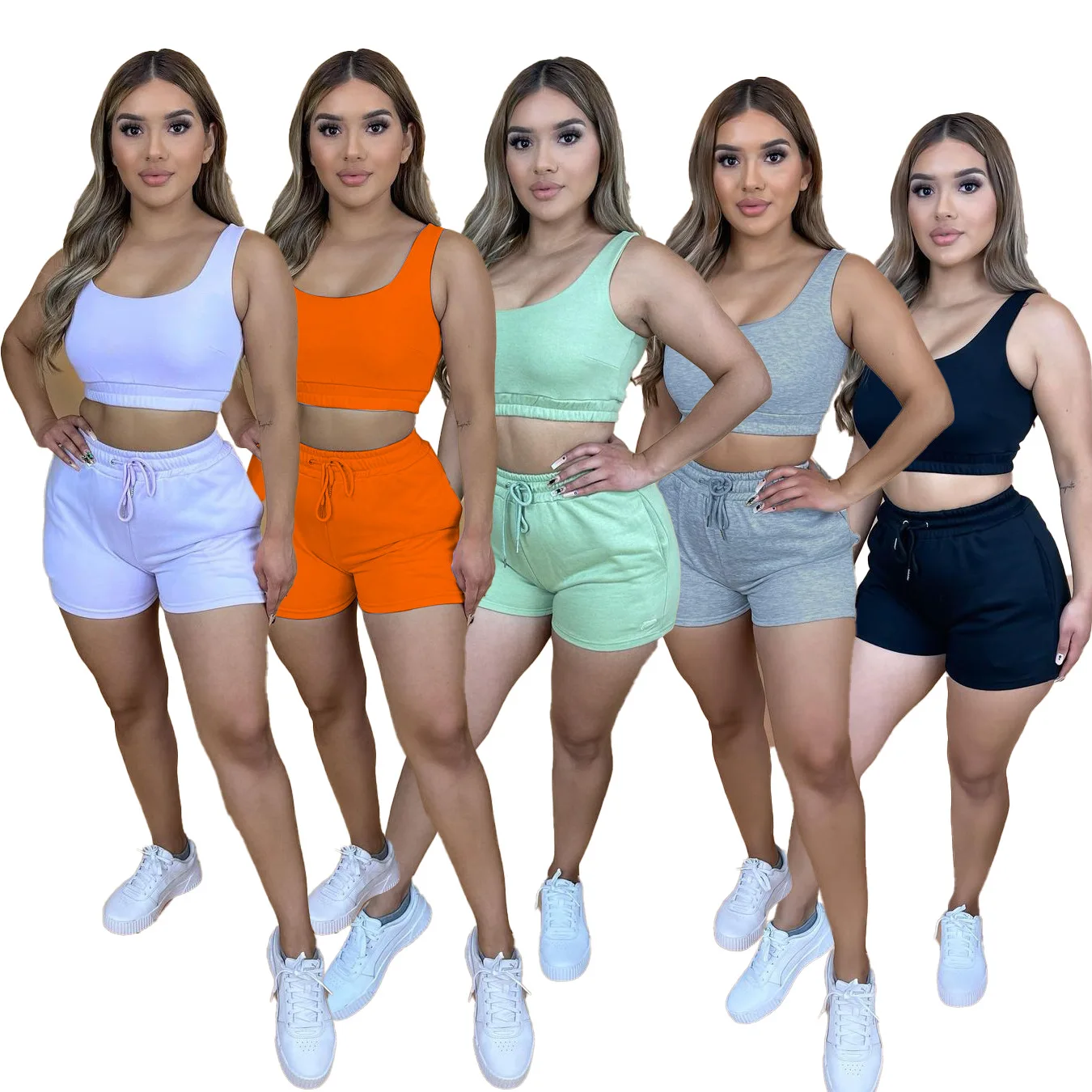 

Customized Logo summer 2022 women's clothing casual sleeveless crop top sweatsuit pant sets cotton two 2 piece shorts set woman