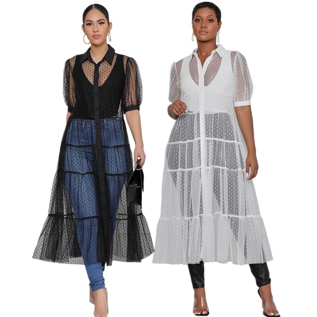 

Women's mesh cape point perspective maxi dress with ruffle / mesh transparent short sleeve one piece skirt, Black / white