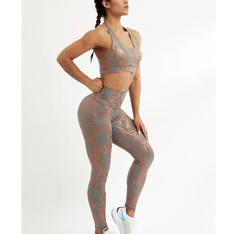 

High Impact womens snakeskin athletic & Workout Sports Bras Yoga legging set
