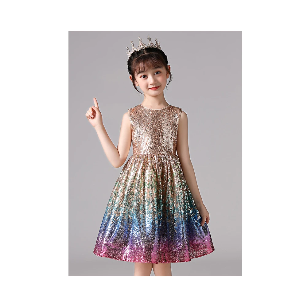 

New Summer Kids Flower Wedding Dress Party Wear Golden Beading Knee Length Gradient Ramp Fairy Flower Girls Gown Dresses, As shown