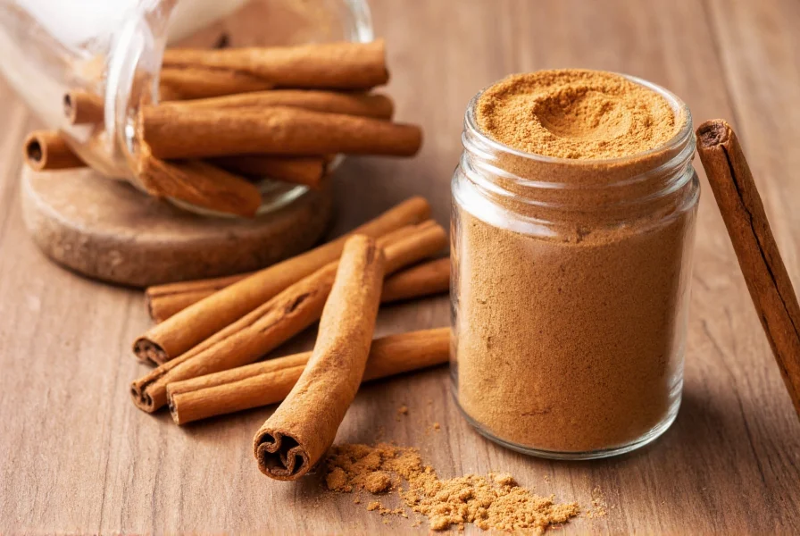 Close-up of organic cinnamon sticks and powder in glass jars with natural wood background