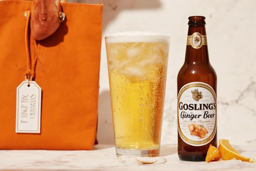 Gosling's ginger beer bottle next to Bermuda flag and cocktail ingredients