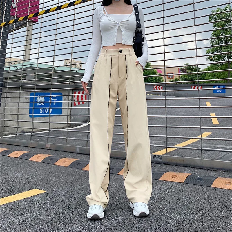 

Designers 2021 casual woven contrast color high waist pants reversed stitching straight baggy women's pants & trousers, Picture shown