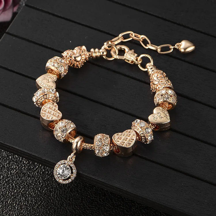 

Luxury 18K Real Gold Plating Hollow CZ Micro Pave Heart Charm Bracelets Geometric Round Diamond Pendant Beads Bracelets For Gift