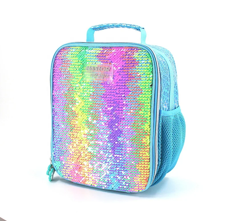 

Rainbow Glitter Double Zipper Puller Insulated Box Lunch Bag for for Foods, Customized color