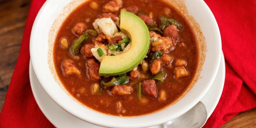 Garnished pozole rojo