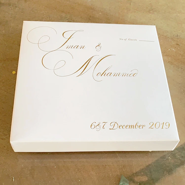 Shimmer white gold foil printed custom wedding invitation box