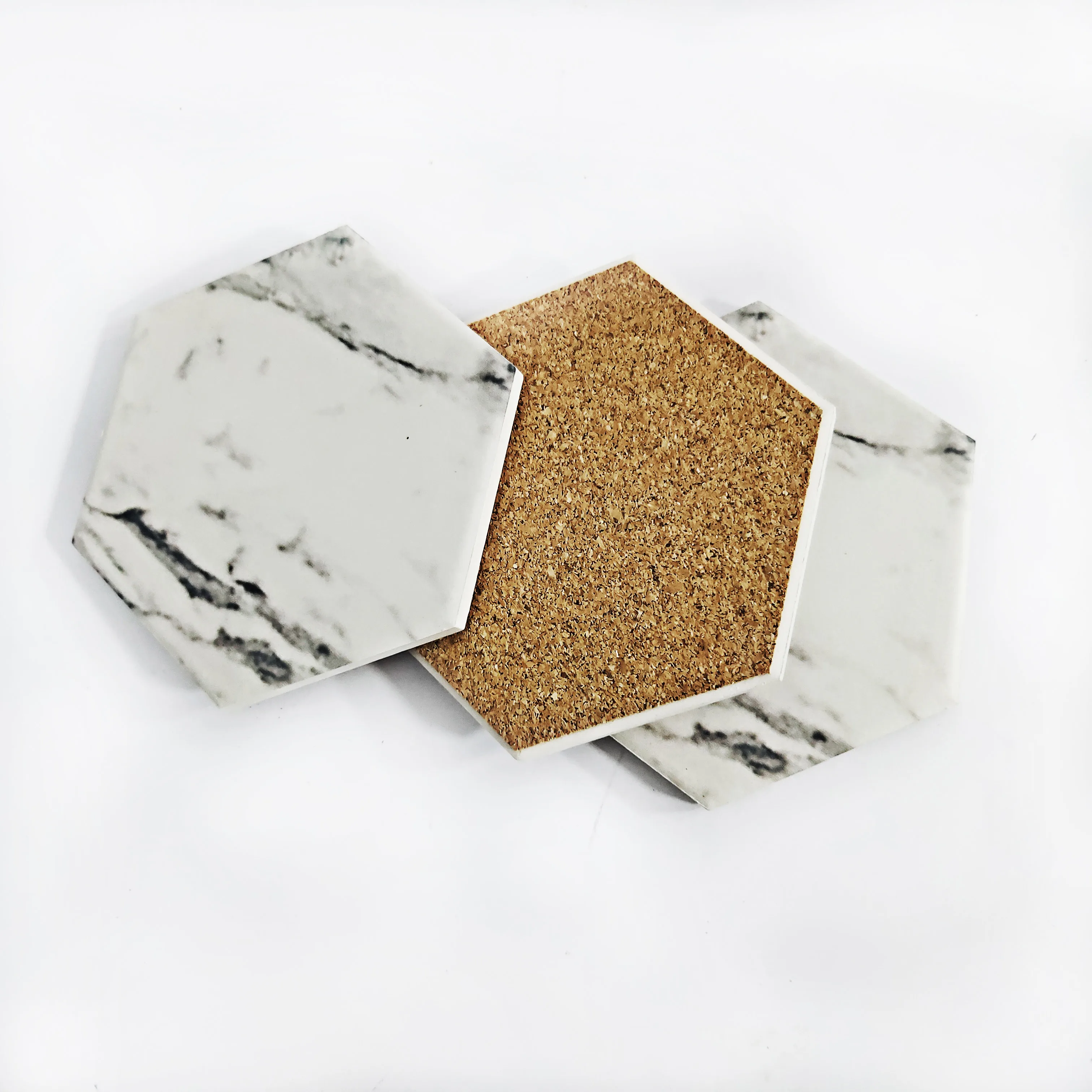 

2020 Custom Plain Ceramic For Drinks Home Non-slip Hexagon Marble Coaster With Cork