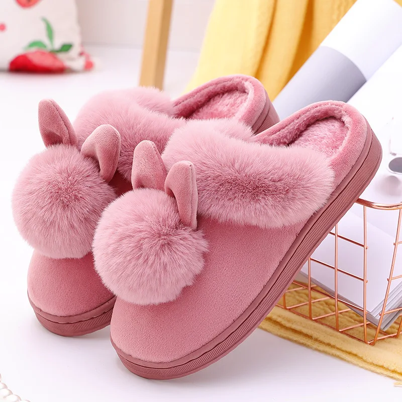 

Autumn Winter Cotton Slippers Fur Rabbit Home Warm Thick Bottom Indoor Cotton Shoes Womens Slippers Cute Fluffy Cat Slippers, Pink grey black purple