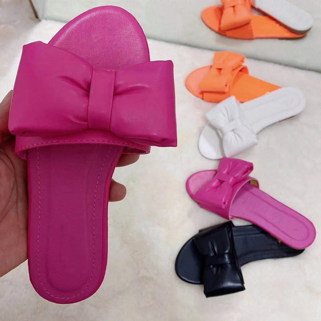 

Solid Big Bow-knot Ornament Single Band Open Round Toe Female Outside Slides Flat With Summer Women Slippers Women's Shoes, Black,white,red,orange