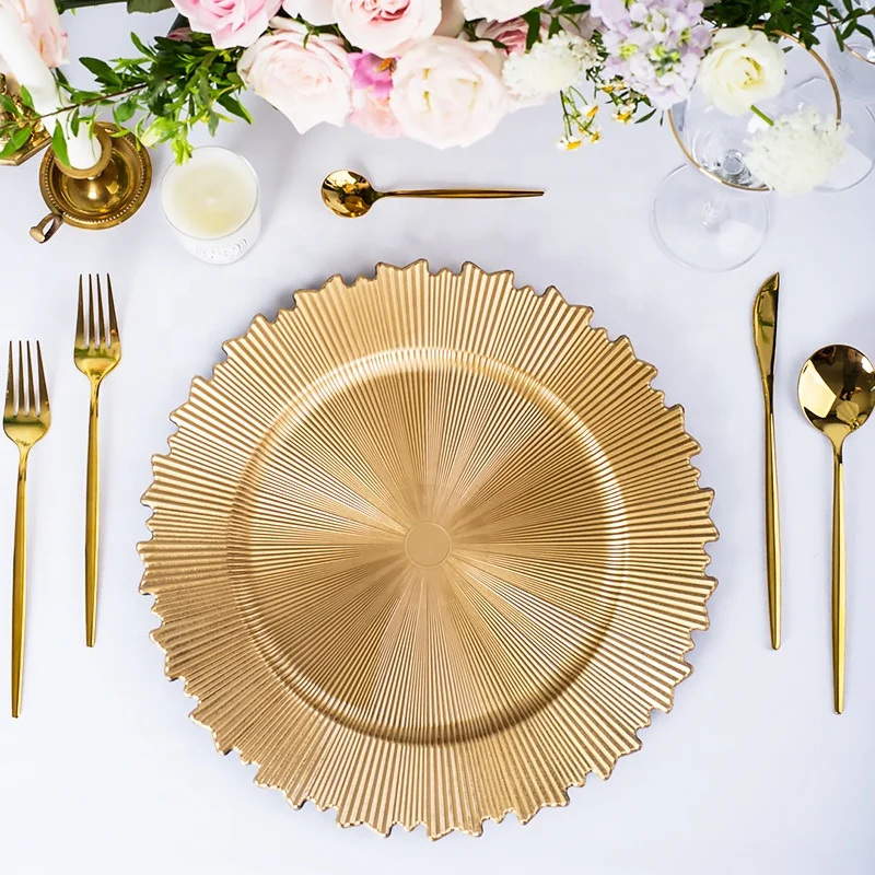 

cheap plastic rose wedding charger plates decoration gold rim blue silver glass beaded black charger plate set dining decorative, Gold/rose gold/silver