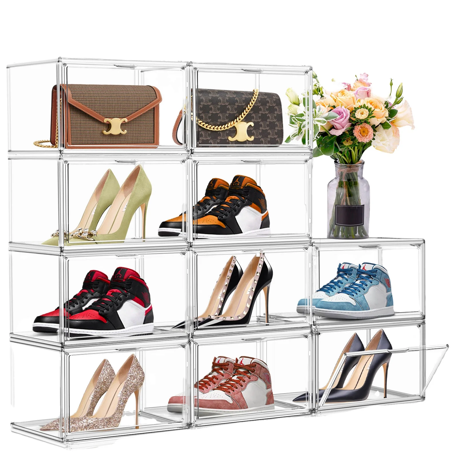 DAYOOH Thicken Acrylic Shoe Storage Cabinet Clear Shoe Box Stackable Magnetic Open Sneaker Rack Shoes Organizer