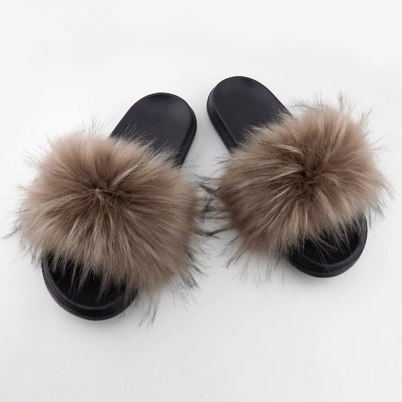

Popular Womens slippers Footwear Outdoor faux raccoon fox fur slides