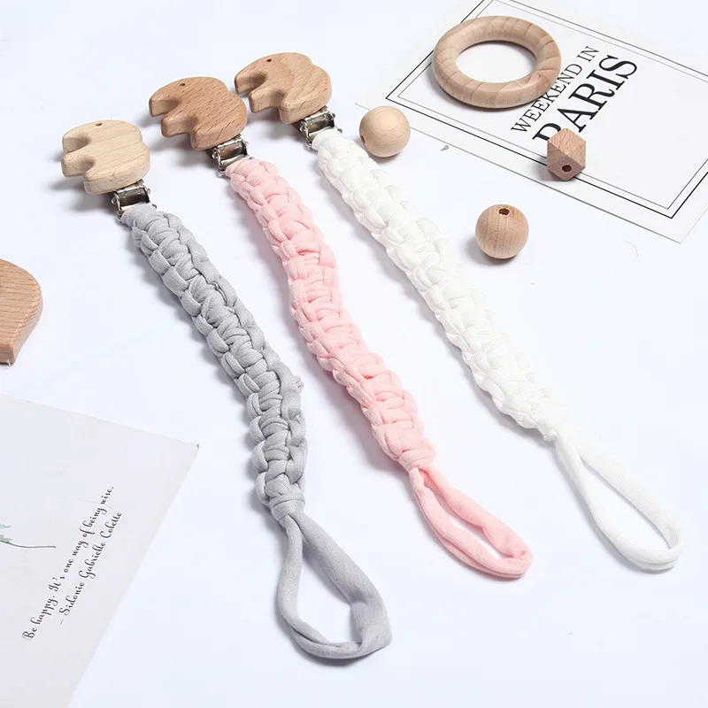 

Wholesale Cotton Cord Handmade Wooden Elephant Pacifier Chain Newborn Pacifier Holder, 3 color