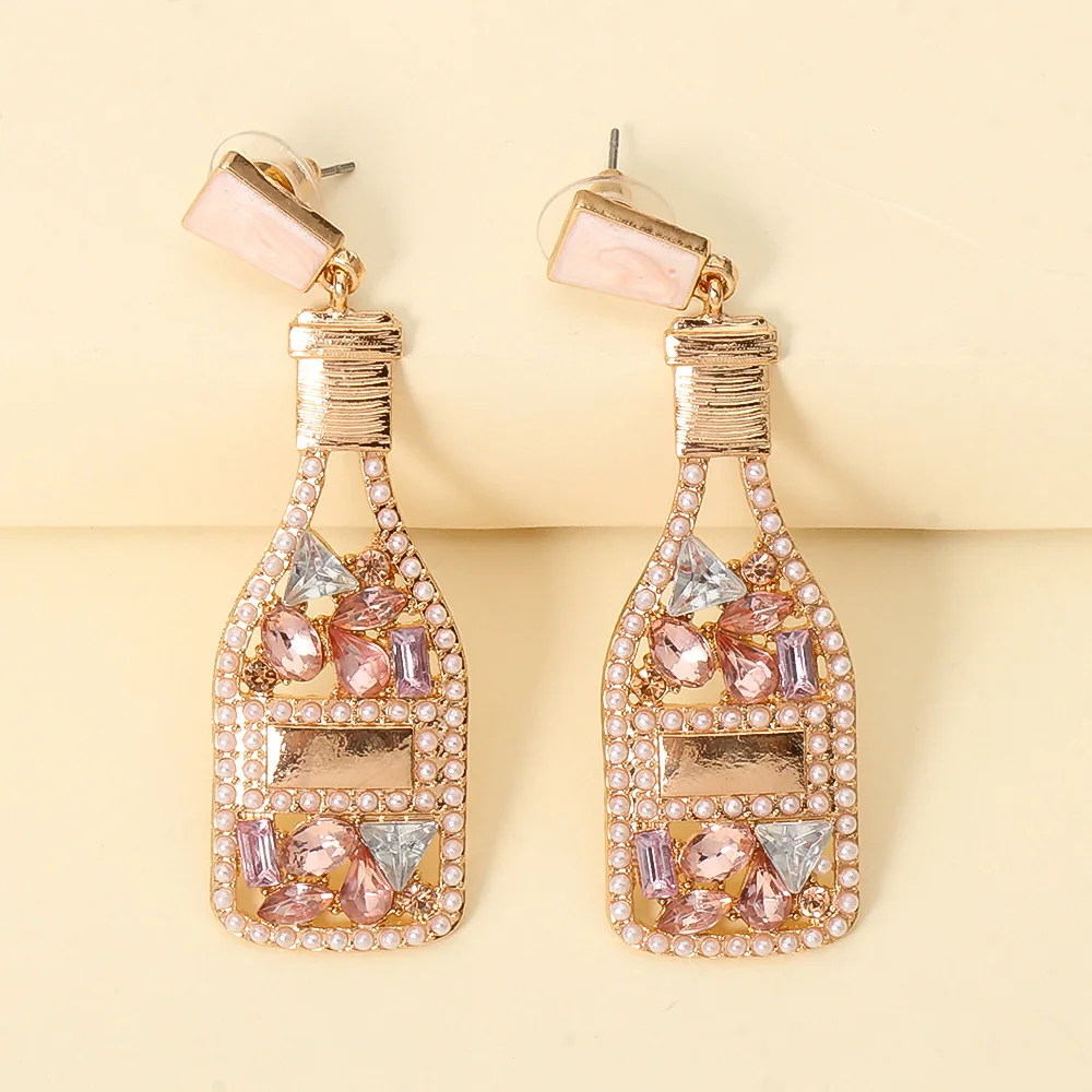 

HOVANCI Vintage Gold Plated Crystal Rhinestone Pearl Enamel Earrings 6 Cartoon Cute Diamond Enameled Wine Bottle Shaped Earring