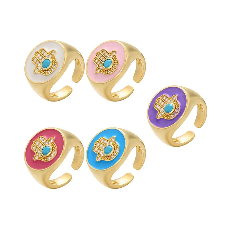 

RM1239 gold plated Brass Metal Rainbow enamel CZ diamond micro pave hand adjustable cuff Rings