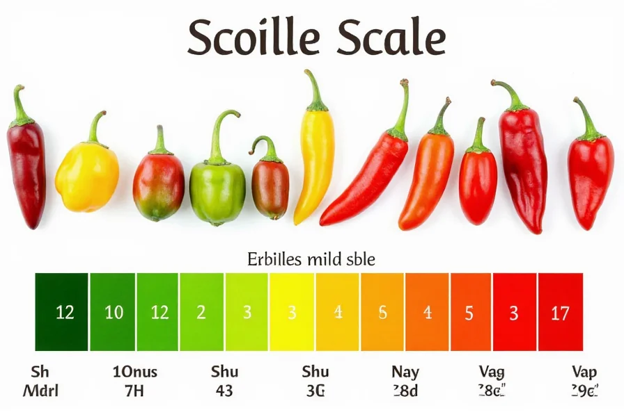 Visual representation of Scoville scale showing peppers arranged from mildest to hottest with corresponding SHU values