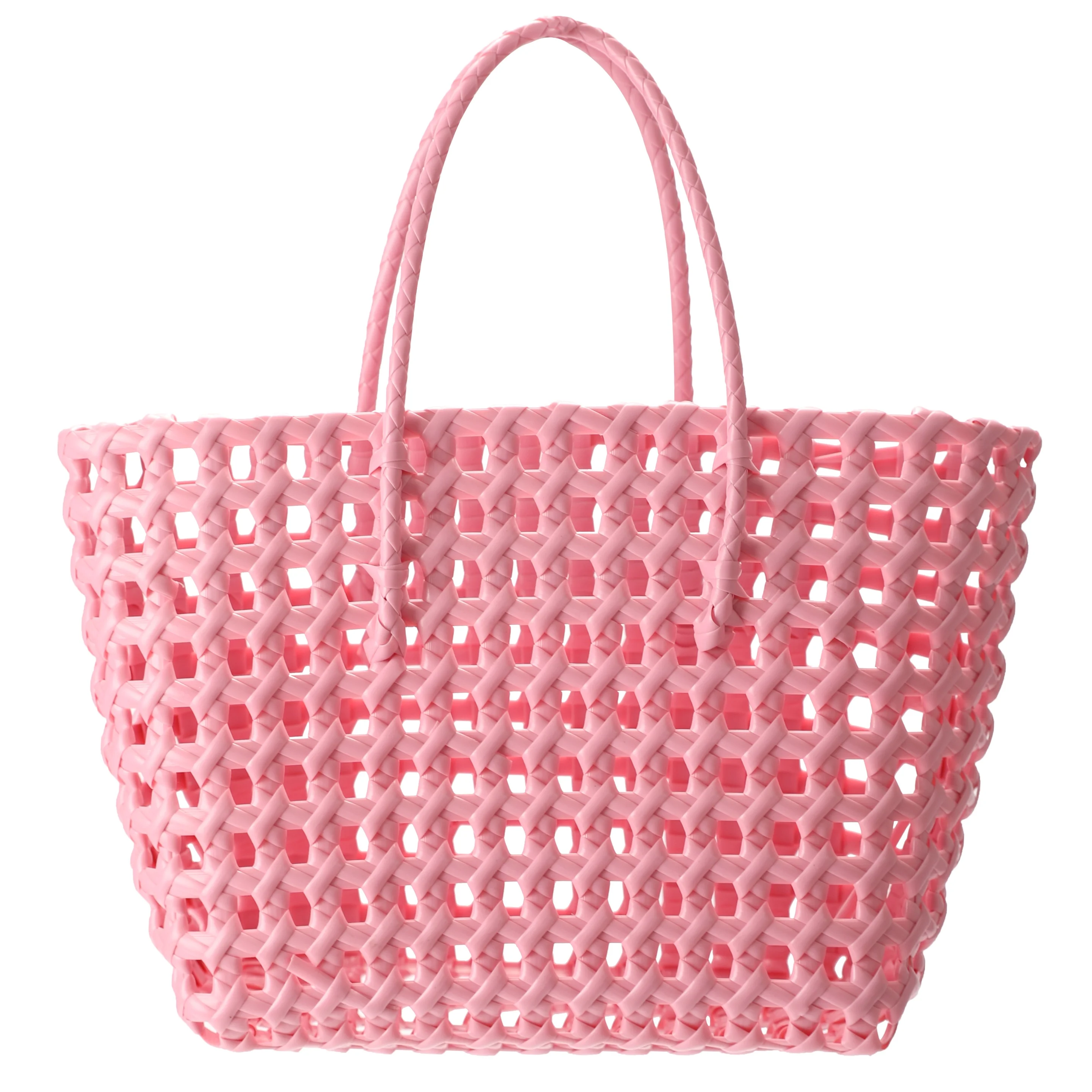 

hot sale summer beach travel plastic handmade waterproof women girls straw bag holiday white stock pp woven basket, Reference pic