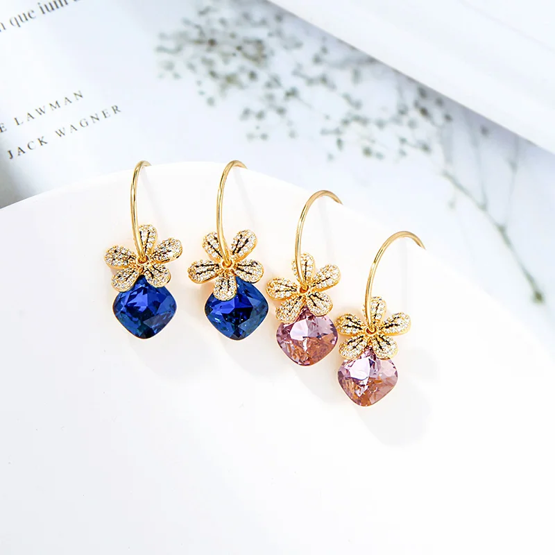 

90110 High Quality Real Gold Plated Jewelry Hypoallergenic Luxury CZ Zircon Flower Crystal Diamond Hoop Earrings 2020