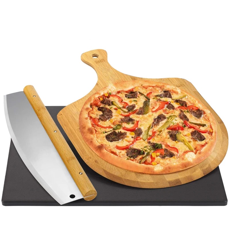 

Cordierite Pizza Stone Set Oven Cooking Tools Durability Baking with Bamboo Pizza Peel & Pizza Cutter