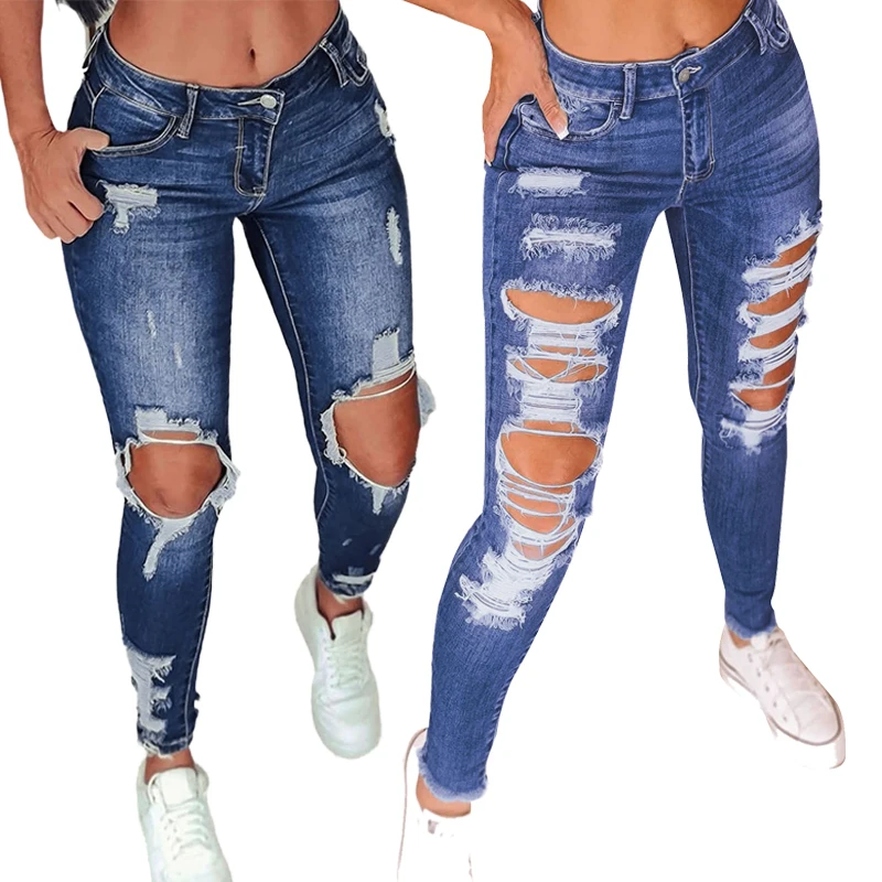 

Wholesale Hot Sale Blue Woman Distressed Pocketed Skinny Denim Ripped Jeans, Destroyed jeans
