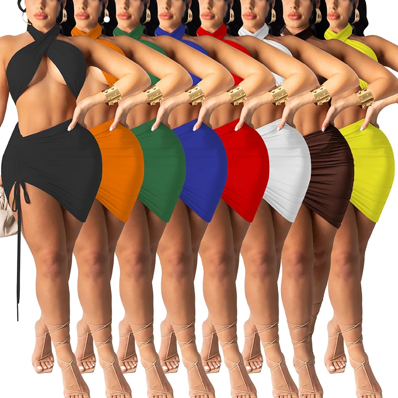 

neon clothing evening Vest Solid Color bandage sexy girls' casual dresses suit two piece set women clothes clothing