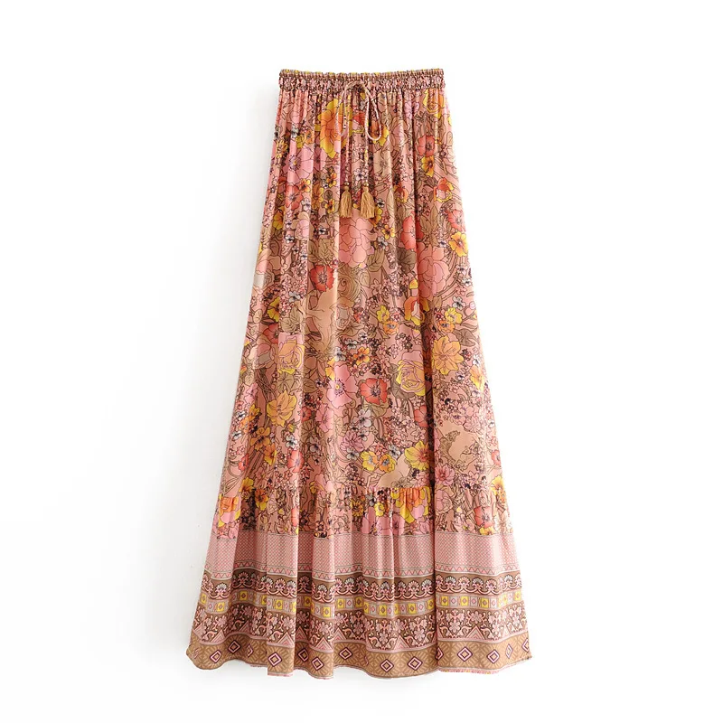 

New Women Casual Rayon Cotton Skirt Lady Bohemian Holiday Style Floral printed Tassel Lace up Elastic waist Long Maxi Skirts