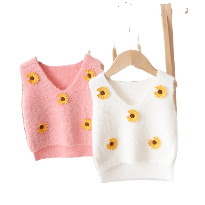 

Autumn Children's Sweater Girl V-neck Flower Vest Girl Thin Cute Jacket