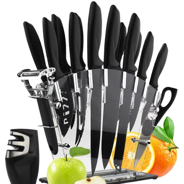 

Stainless steel kitchen knife set 17 pieces with sharpener 6 steak knife with peeler scissors cheese pizza knife and stand