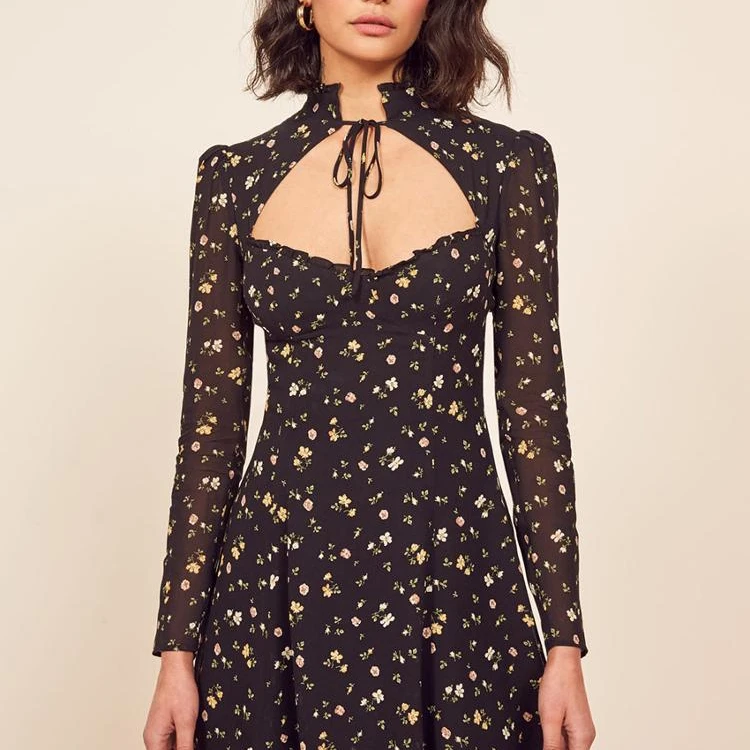 

2020 New Arrival High Quality Women long sleeve v neck floral print Autumn chiffon Midi casual dresses