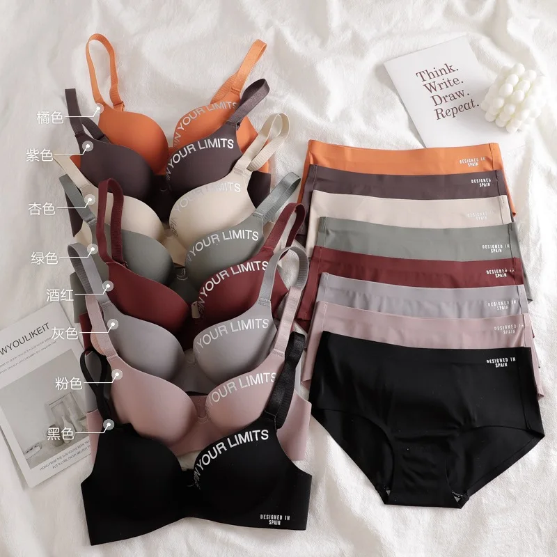 

New Arrival Letter Girl 32 size A B Small Cup Women Seamless Wireless Brief Panty Sets Push Up Panties Bra, 8 colors