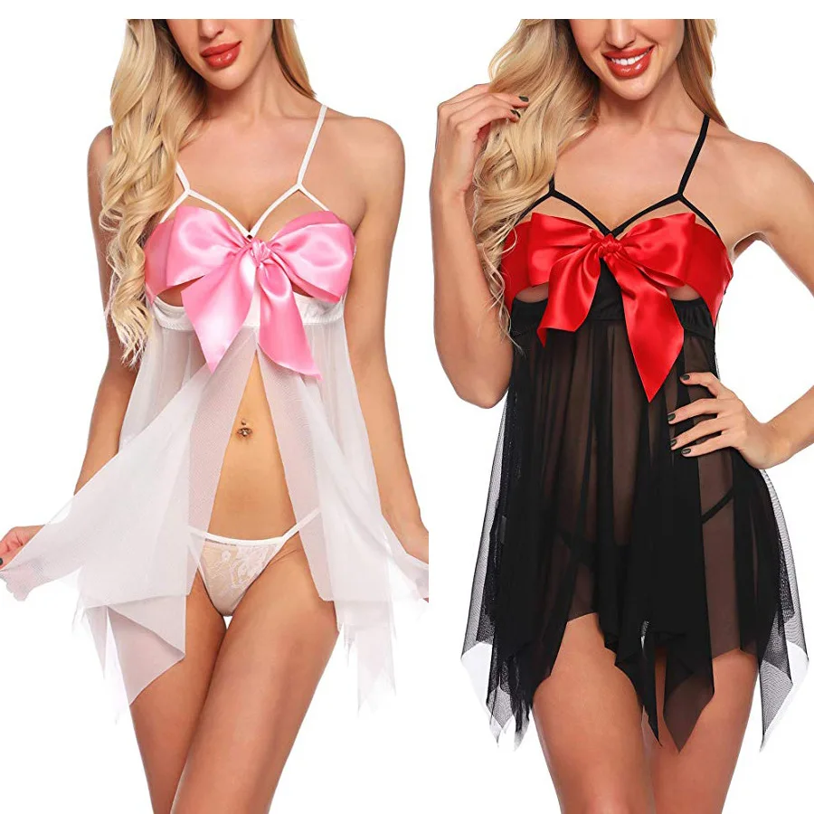 

2021 S-XL Hot popular sexy underwear bow mesh sexy lingerie factory wholesale woman's transparent night wear with bow