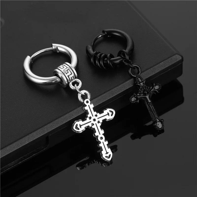 

Punk Retro Silver Black Stainless Steel Cross Pendant Earrings Stainless Steel Cross Clip Hoop Earrings Men Jewelry, As pictue show