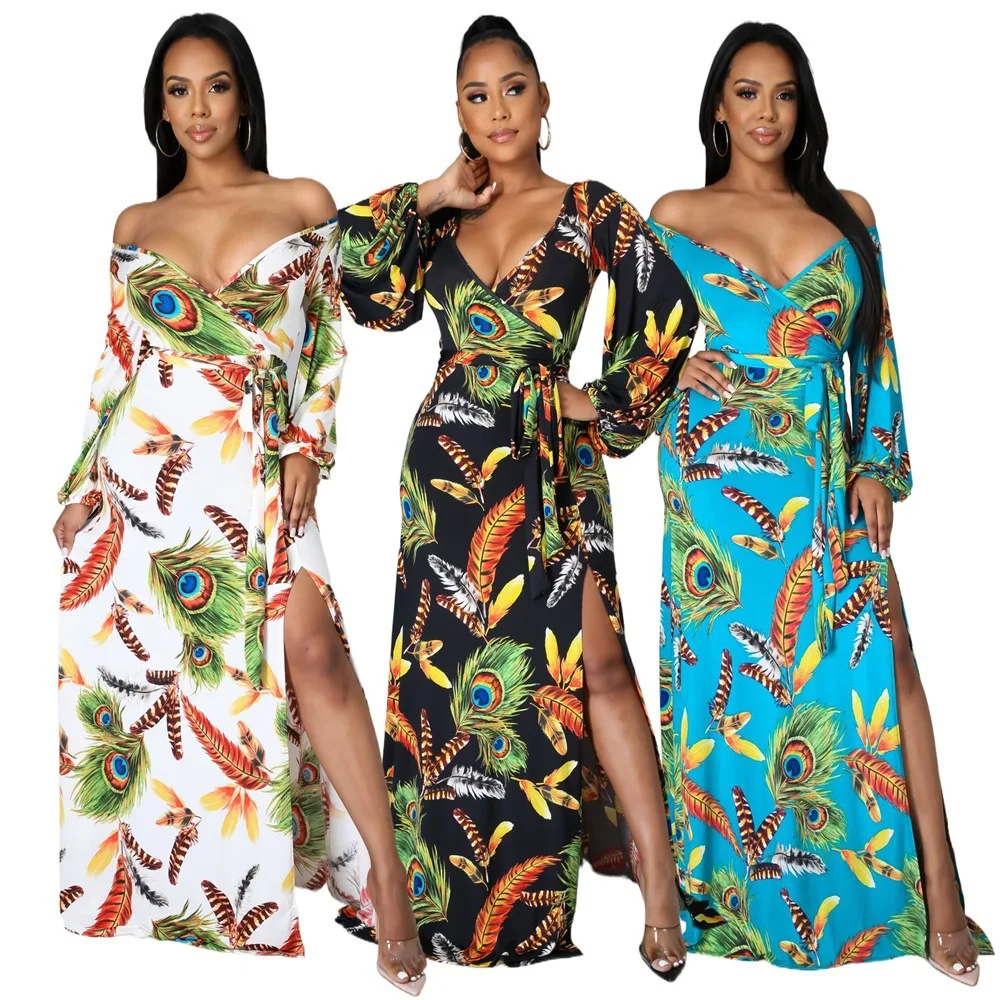 

DS-332 New Style Summer Women's Clothing Long-sleeve V-Neck Split beach Printed Boho maxi long Dress