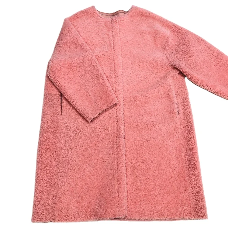 

Pink Color Sheepskin Shearling Coat Lamb Skin Double Face Leather Wool Sheep Fur Long Coat For Women