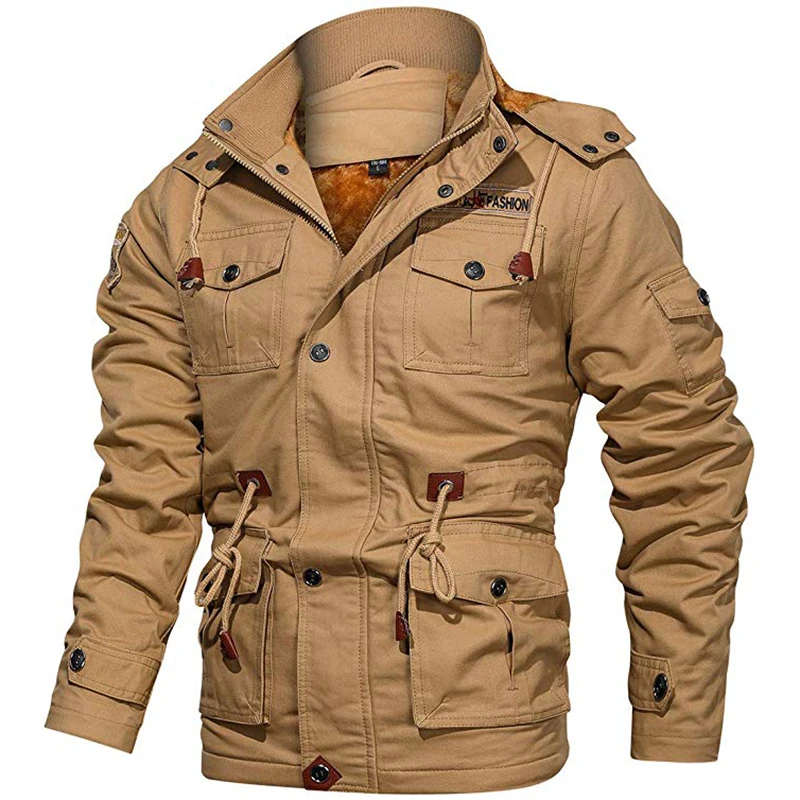 
2019 Fashion Coat Big Pockets Mens Outdoor Jacket Winter 4XL Fleece Hooded Tactical Jacket 